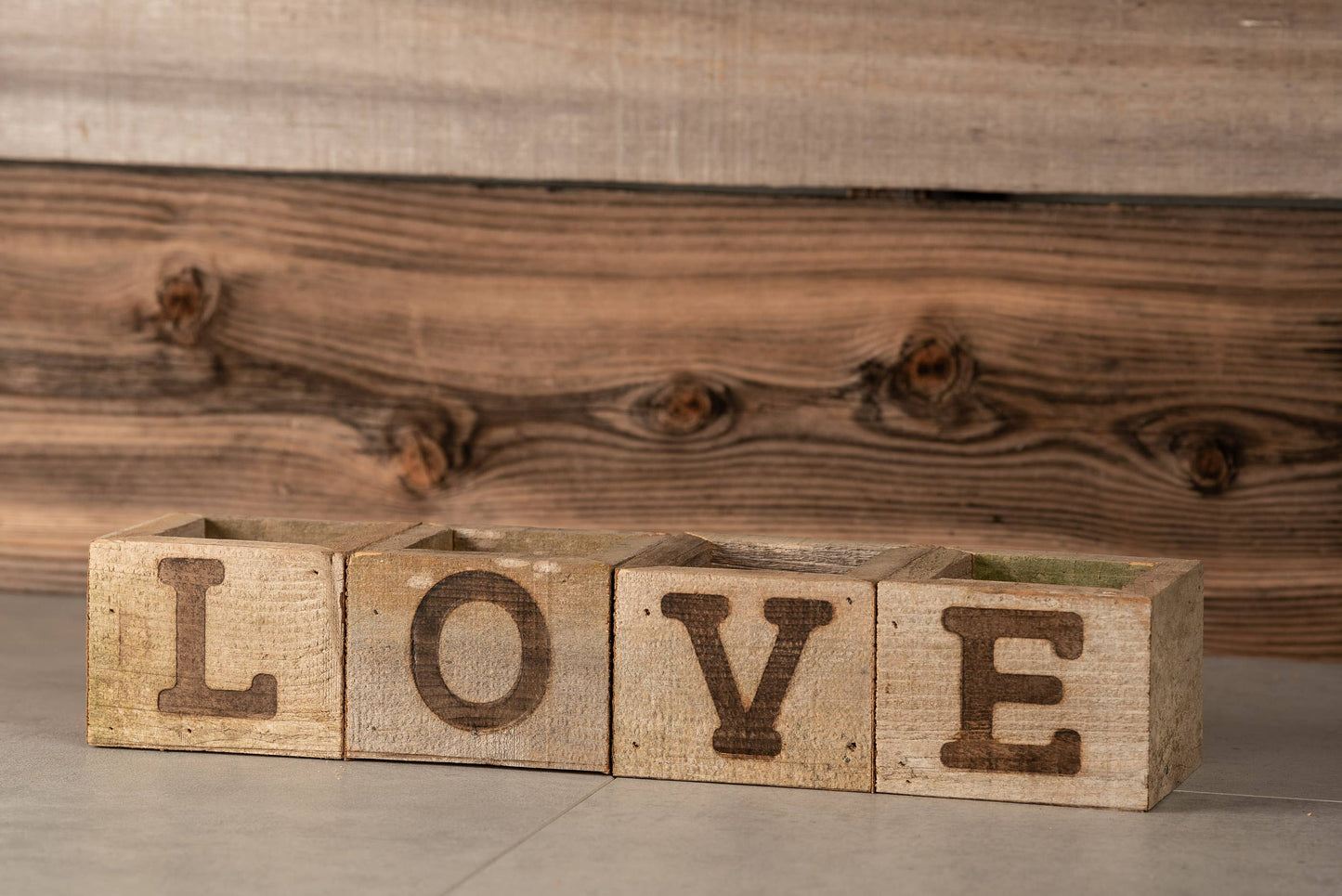 Rustic Wood Small 4 Cube Planter Set / LOVE branded