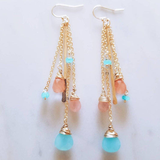 14K Gold Filled Handmade Dangling Earrings w/ Chalcendony, Pink Jade, Rose Quartz & Aqua Jade
