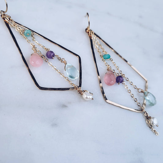 14K Gold Filled Diamond Dangling Earrings w/ Chalcedony, Aqua Quartz, Pearl, Blue Chalcedony