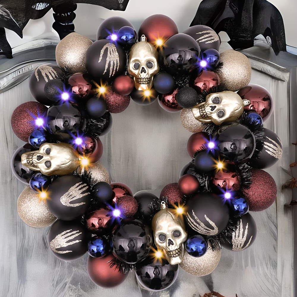 Creep and Glitter Spooky Wreath with Skeleton Skull Baubles