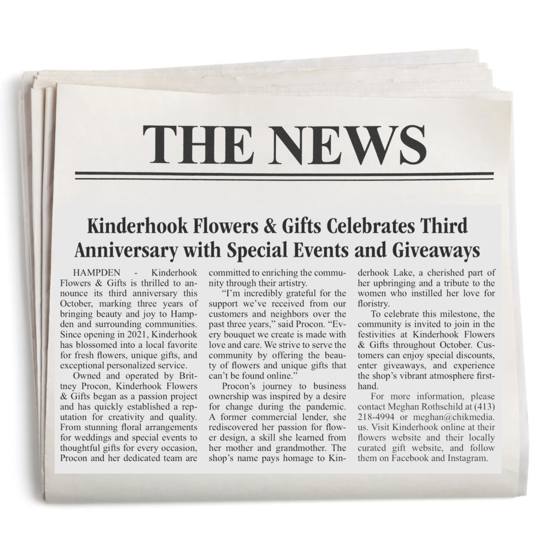 Kinderhook Flowers & Gifts Celebrates Third Anniversary  with Special Events and Giveaways