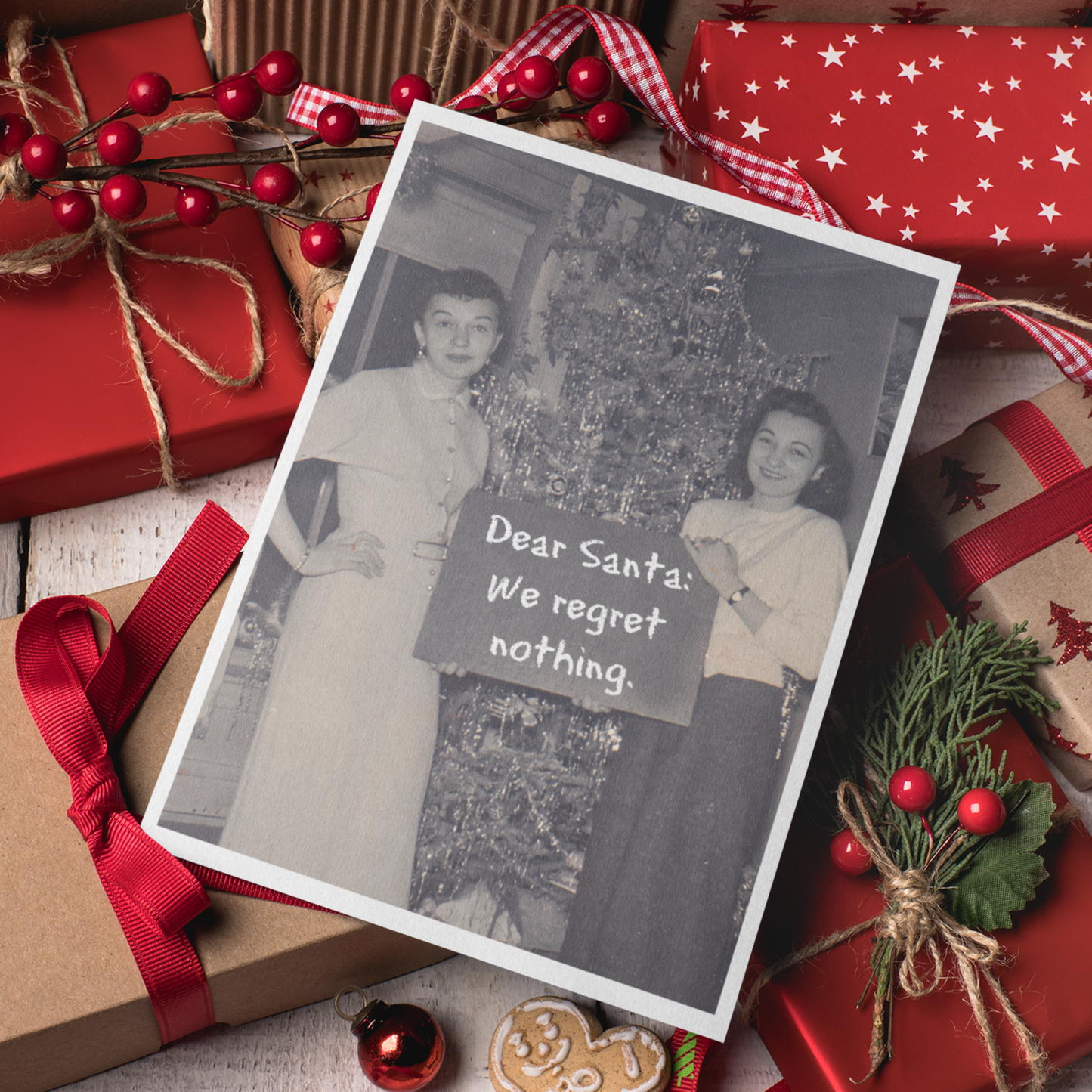 Funny Christmas Card. Dear Santa: We Regret Nothing.