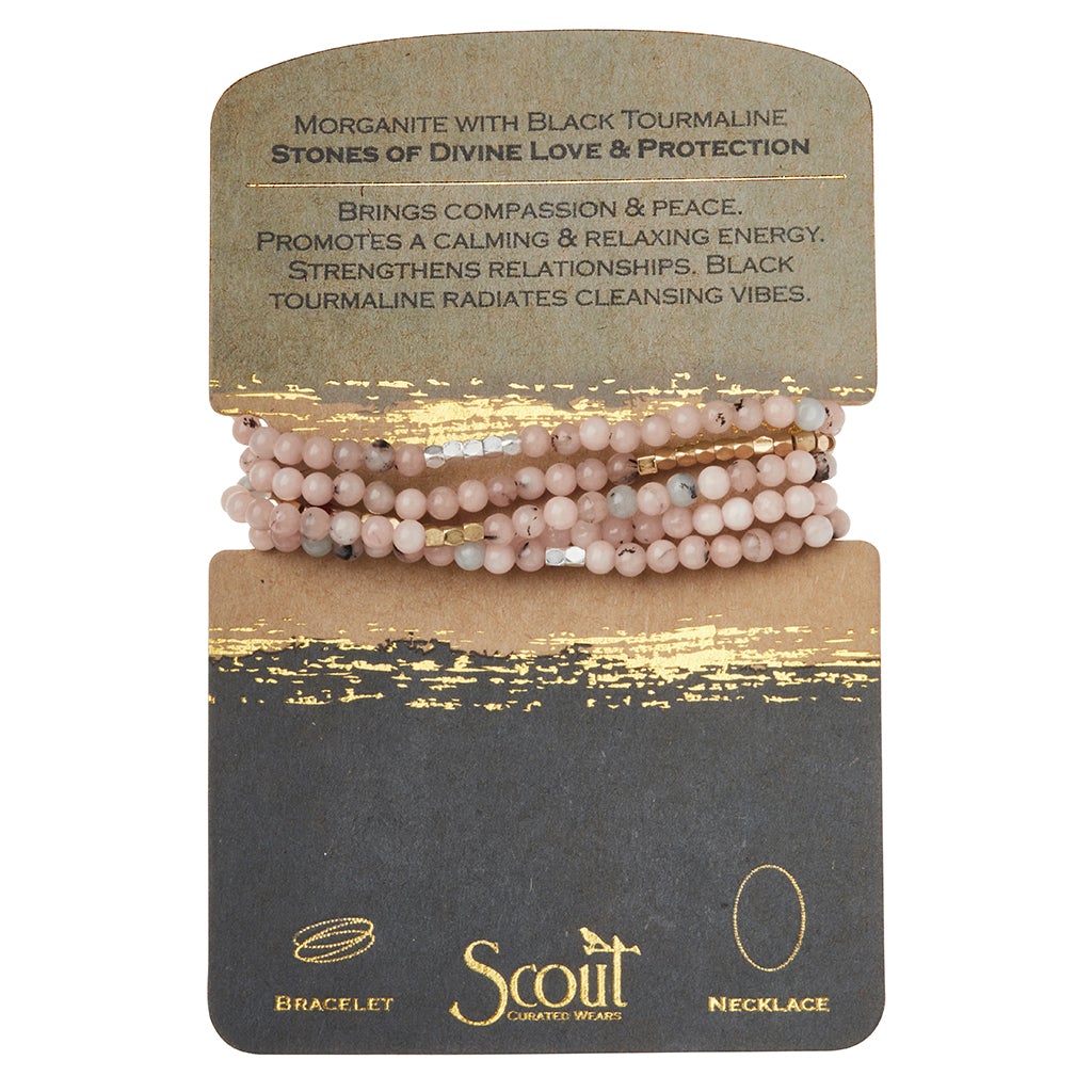 Stone Wrap Bracelet/Necklace Morganite/Black Tourmaline/Gold & Silver