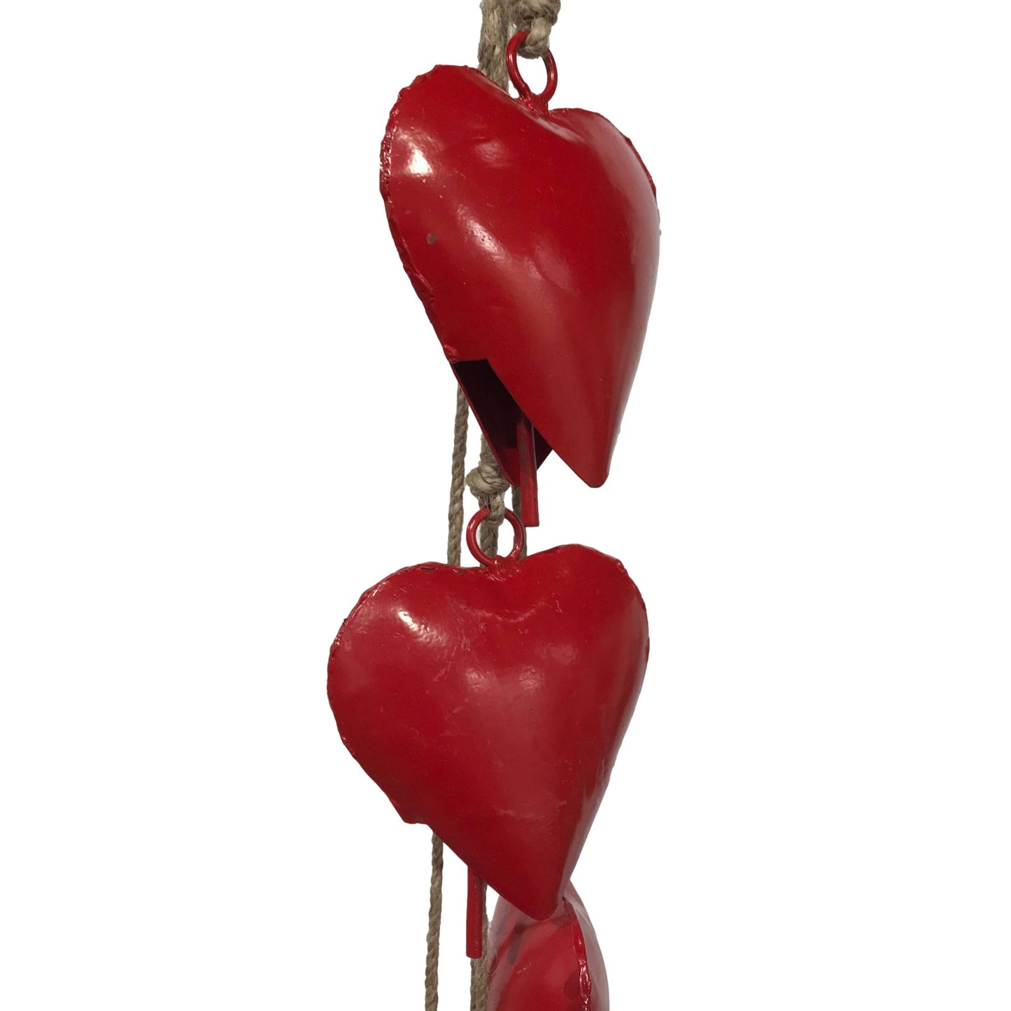 Six Piece Valentine's Heart Bell Chime Pendant on Jute Rope: Burnished Gold
