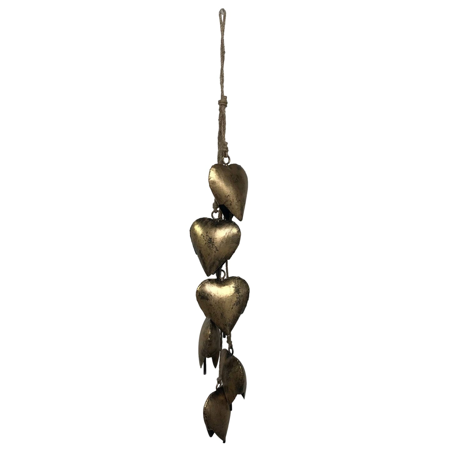 Six Piece Valentine's Heart Bell Chime Pendant on Jute Rope: Burnished Gold