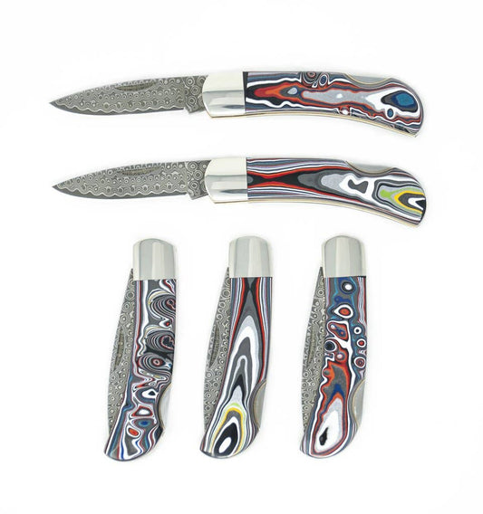 3" Damascus Lockback Knife in Fordite one side wood back