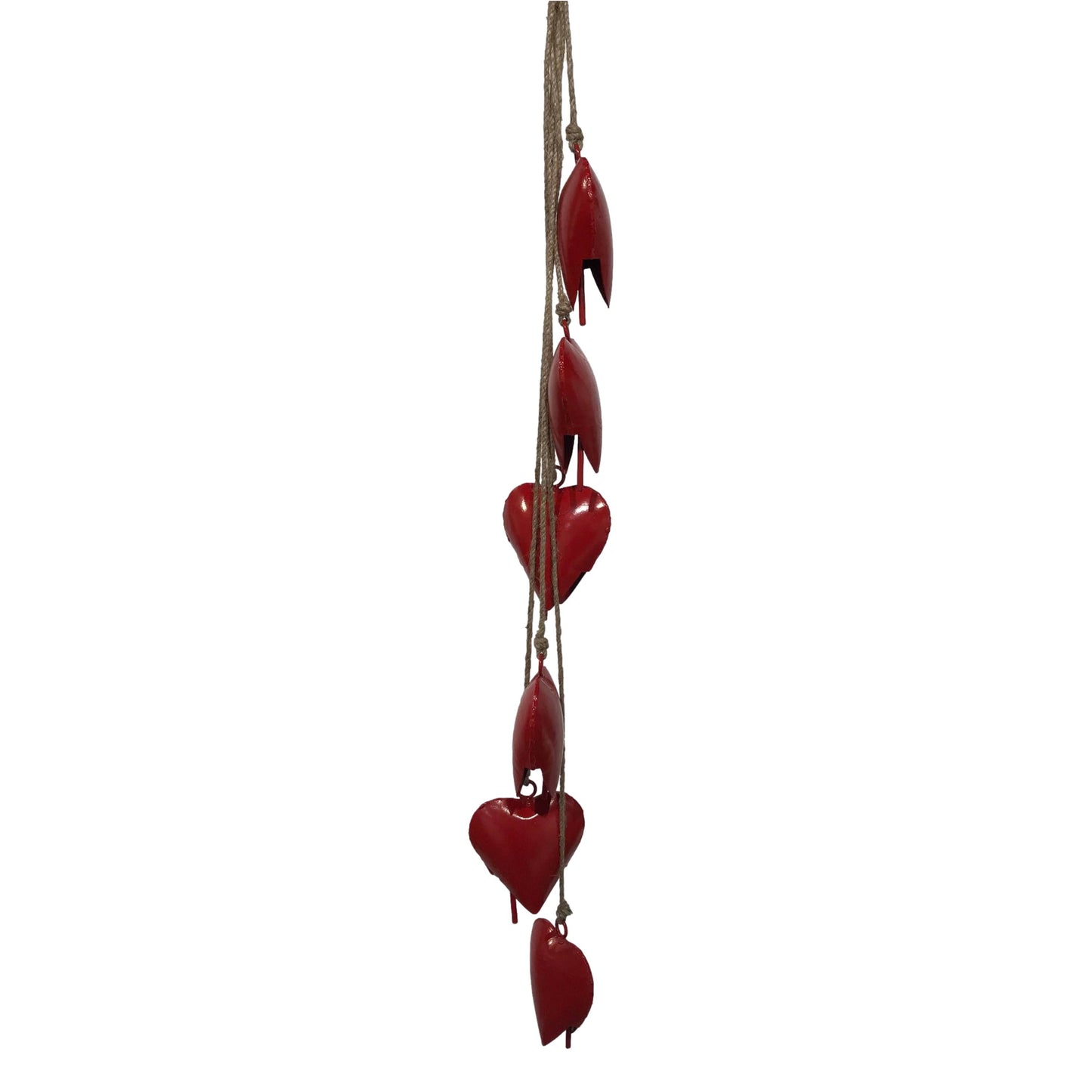 Six Piece Valentine's Heart Bell Chime Pendant on Jute Rope: Burnished Gold