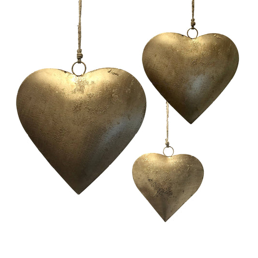 Metal 3-D Hanging Hearts Ornaments W/O Ribbon: Burnished Gold