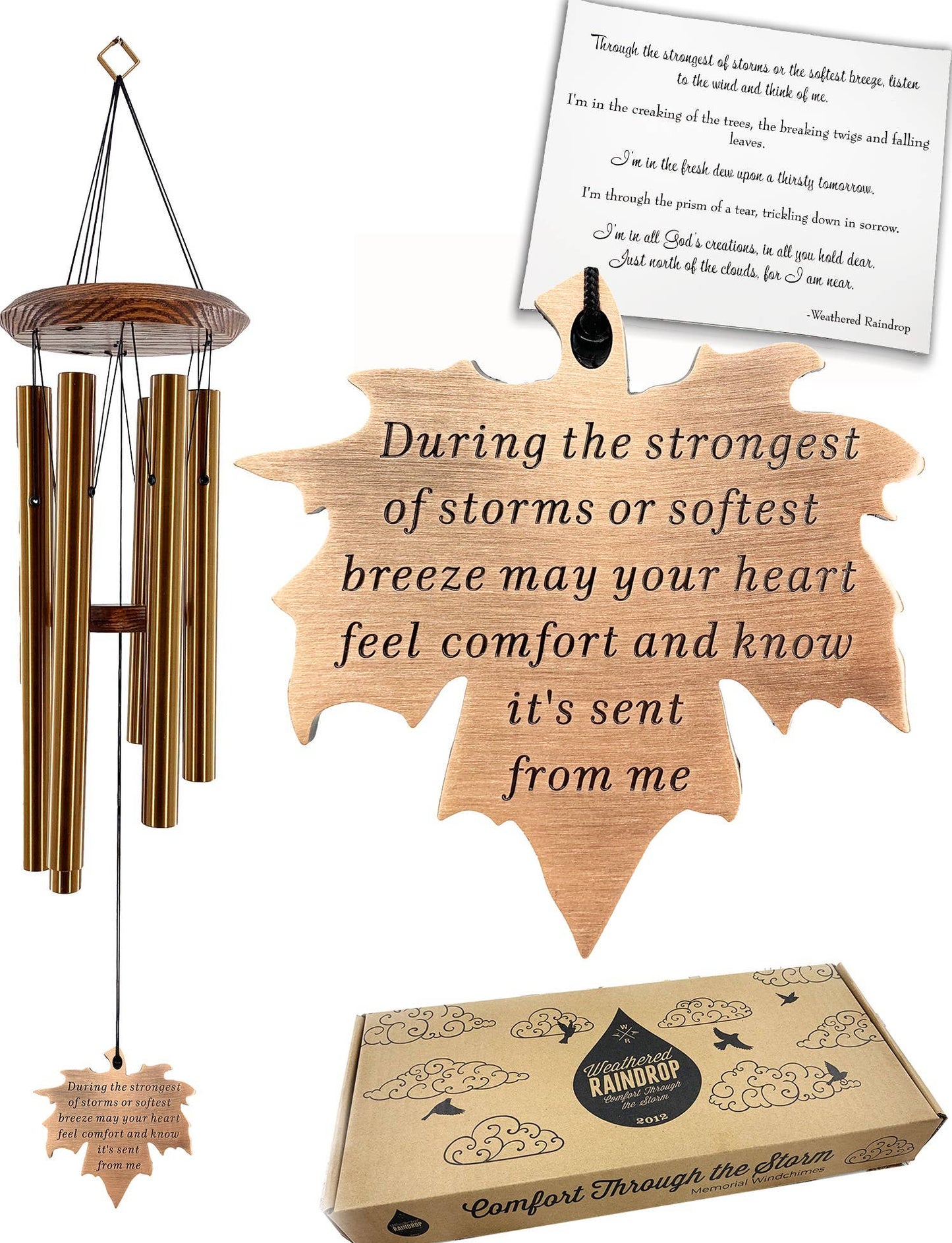 Weathered Raindrop Memorial Wind Chime Maple Leaf “May Your Heart Feel Comfort”