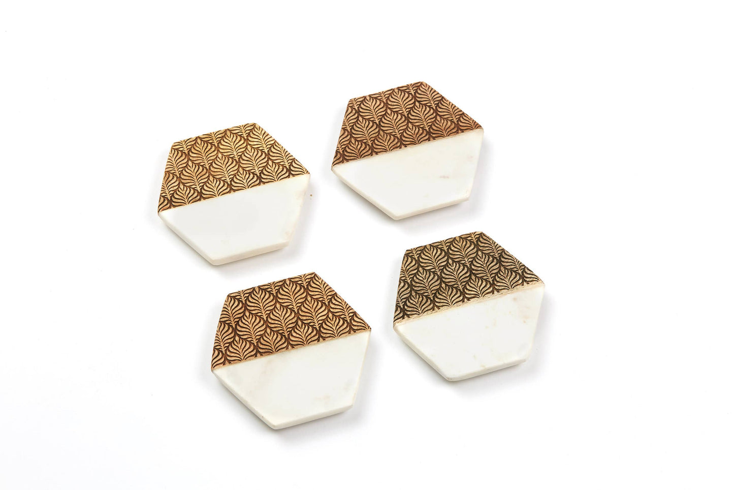 Hexagon Marble and Wood Coaster Set