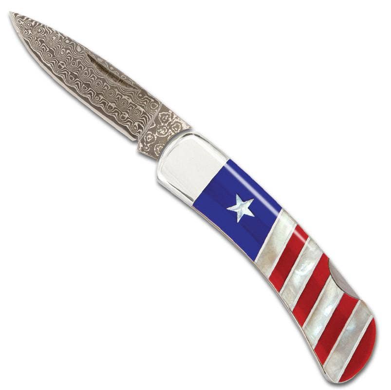 Patriotic Mother of Pearl 3" Lockback Pocket Knife with Damascus Steel Blade