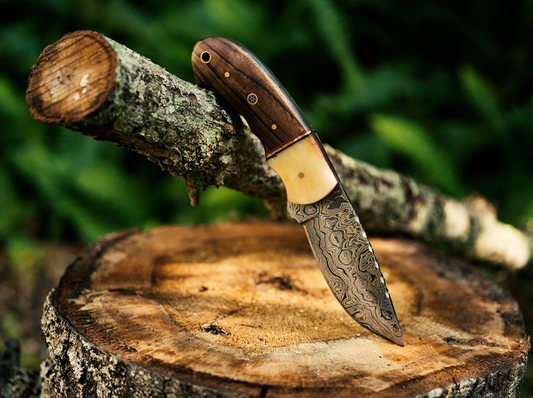 Walnut Wood and Damascus Steel Fixed Blade Knife