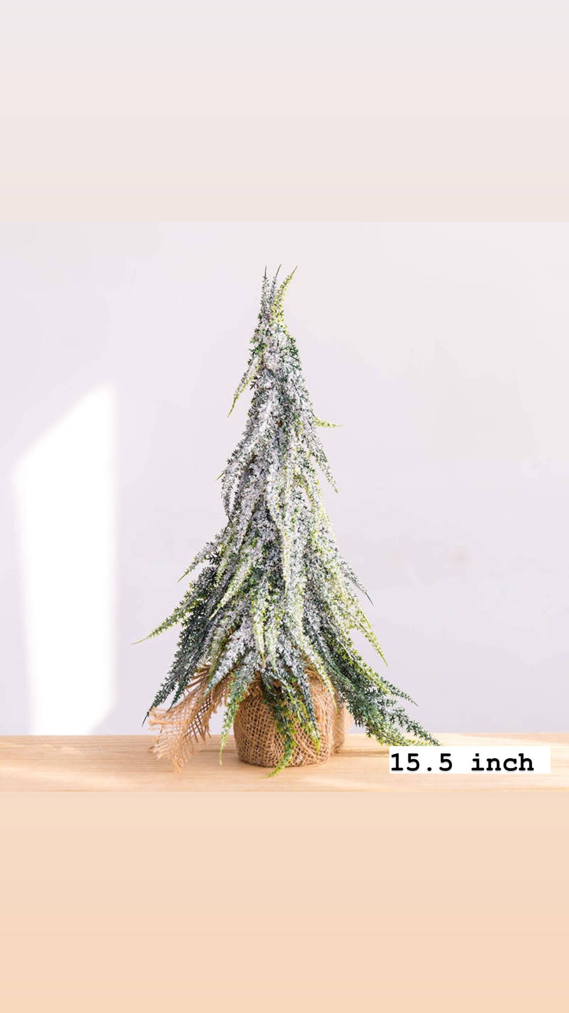 15" Christmas tree decor, frosted tree in burlap sack