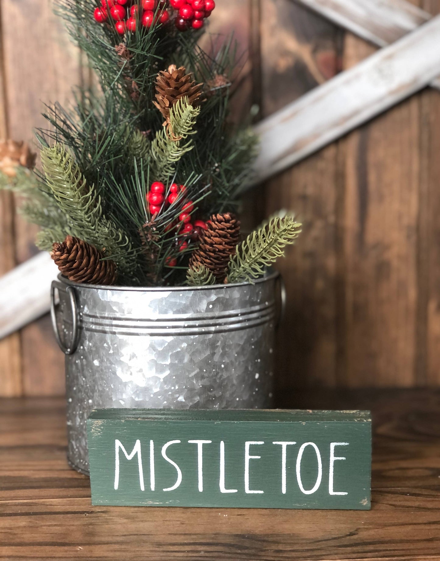 Mistletoe - Rustic Wood Green Block Sign