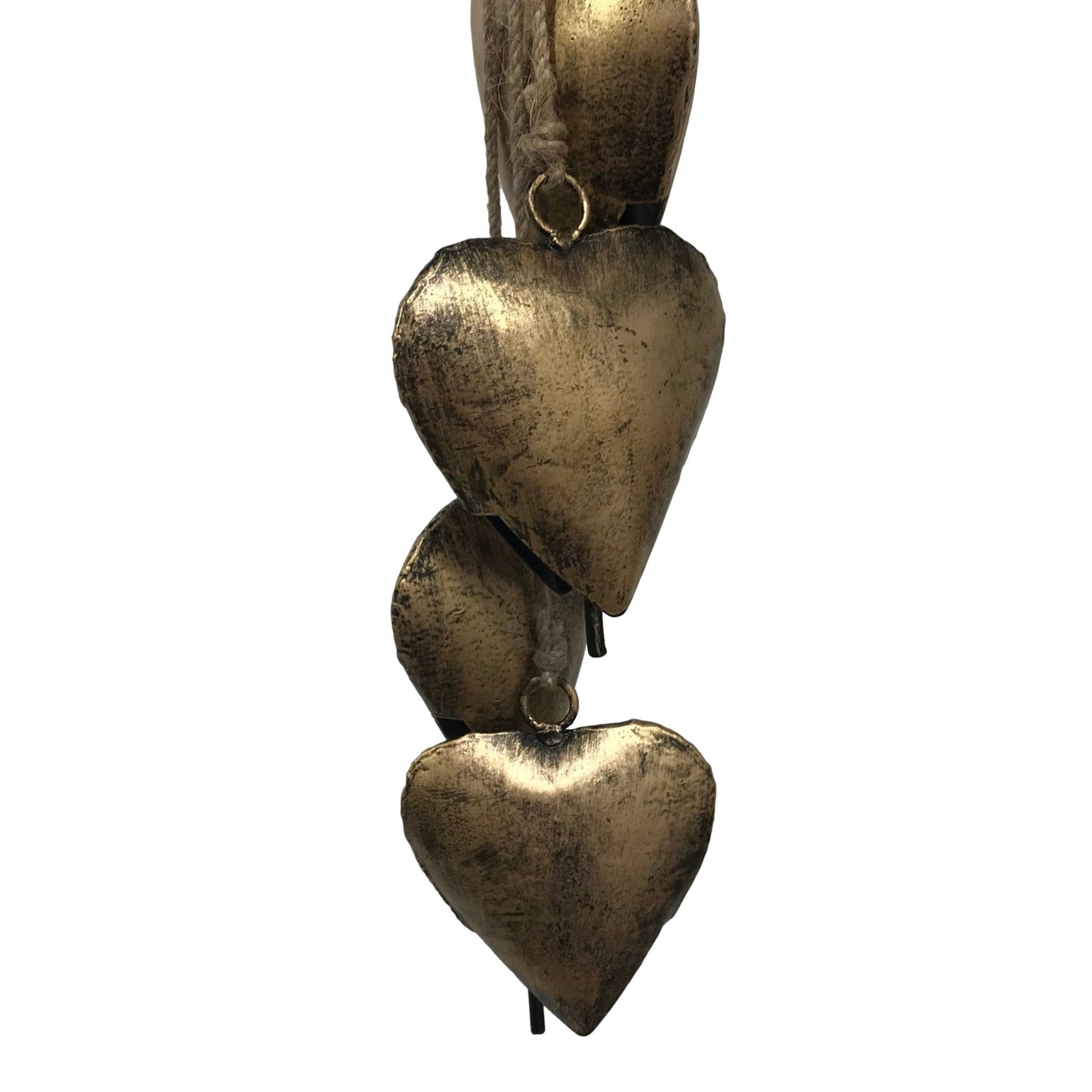 Six Piece Valentine's Heart Bell Chime Pendant on Jute Rope: Burnished Gold