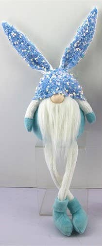Blue Sequin Sitting Bunny Easter Gnome w/Hanging Legs 20.5"H