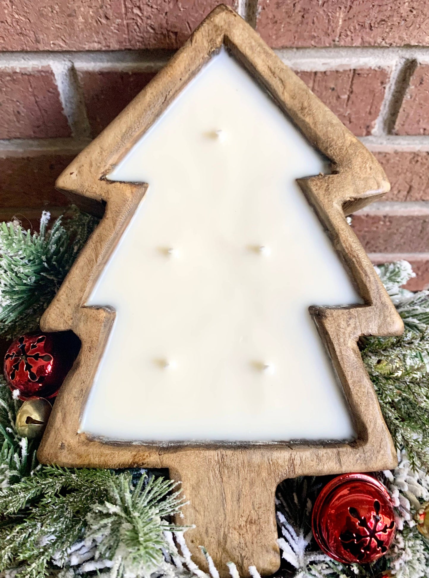 Christmas Tree White Wood Dough Bowl Soy Candles
