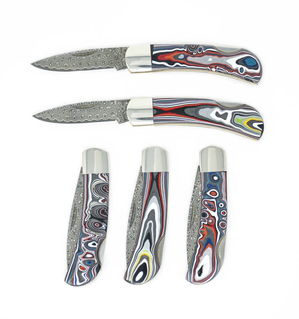 3" Damascus Lockback in Fordite both sides