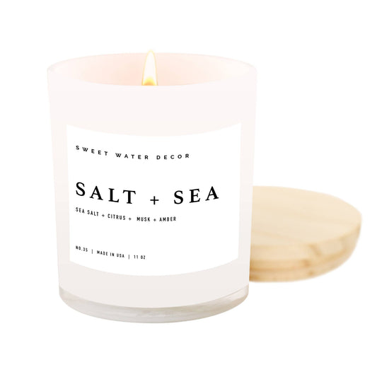 Salt + Sea Soy Candle | White Jar Candle + Wood Lid