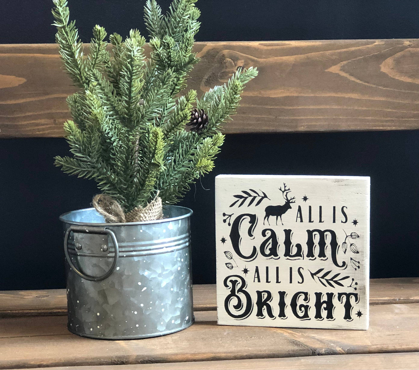 Calm and Bright Vintage - Rustic Christmas White Sign